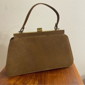 Vintage 1950s/60s Camel Tan Frame Handbag | Gold-Tone Clasp & Satin Lining